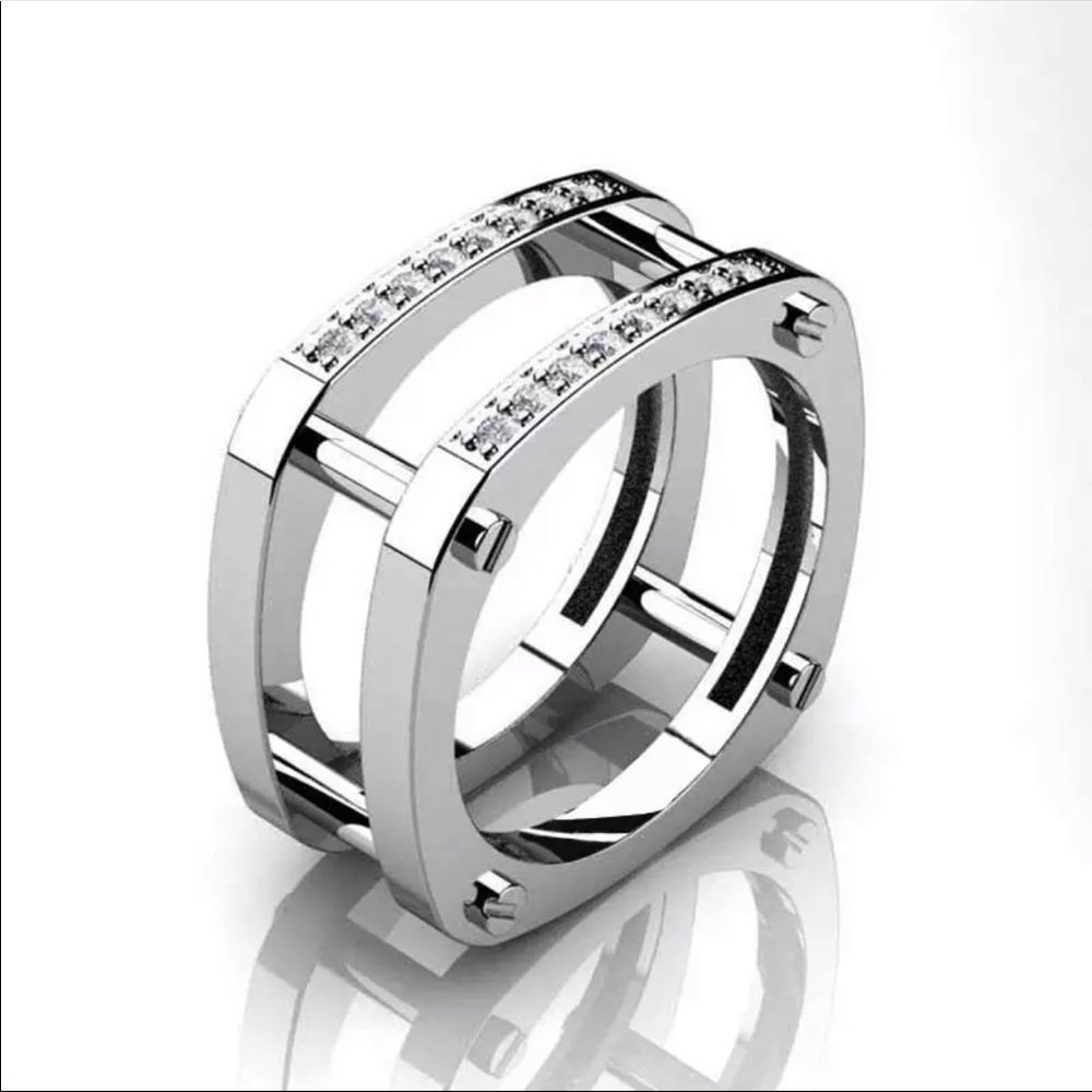 New 925 Silver Double Layer Men Women Diamond Ring